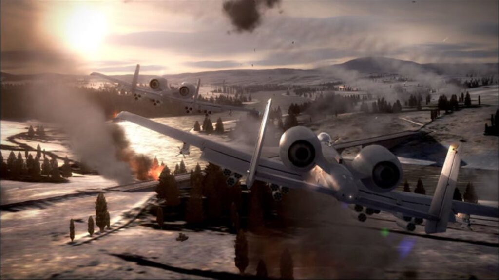 An A-10 over a snowy base in Ace Combat 6