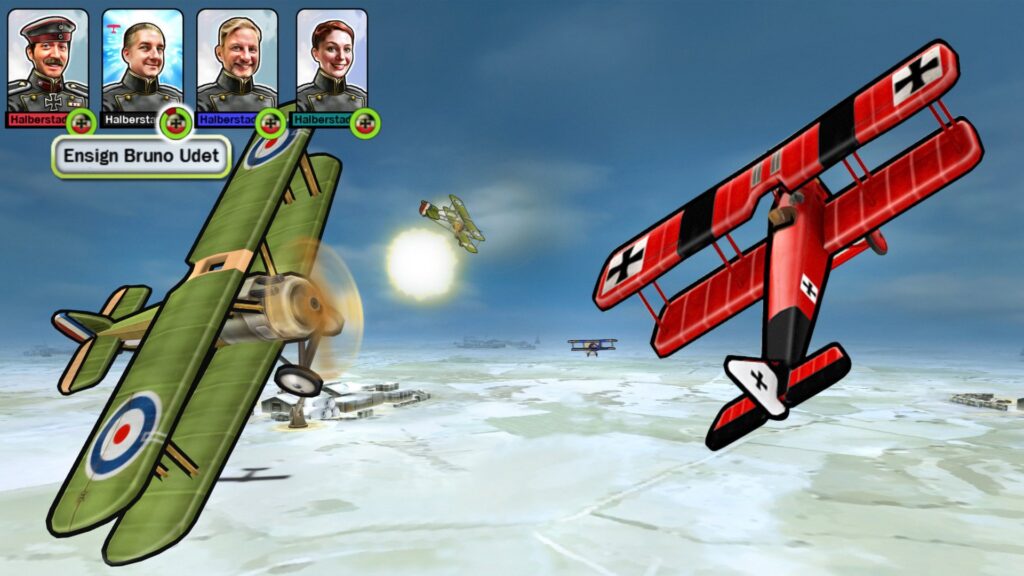 A red German biplane and a green British one over a snowy field with pilot portraits on top, from Sid Meier's Ace Patrol