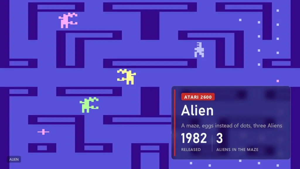 Blue Atari 2600 maze with pink, yellow and green Aliens in the corridors, a small human on the right and egg dots in the corner