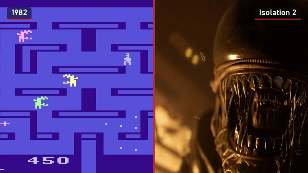 Left, a pixel maze on the Atari 2600 with three coloured Aliens and a small human; right, a close-up of an Alien head with bared teeth in yellow light