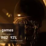 Close-up of an Alien head in yellow light, panel: 48 games in 44 years, first in 1982, Alien: Isolation 93% on Steam