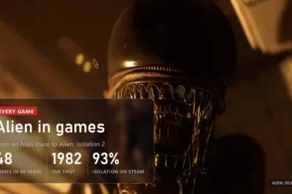 Close-up of an Alien head in yellow light, panel: 48 games in 44 years, first in 1982, Alien: Isolation 93% on Steam