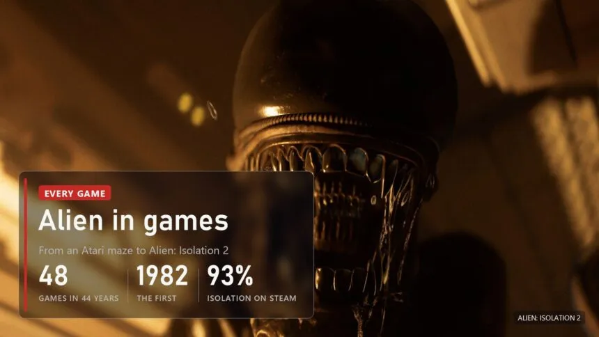 Close-up of an Alien head in yellow light, panel: 48 games in 44 years, first in 1982, Alien: Isolation 93% on Steam