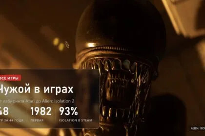 Голова Чужого крупным планом в жёлтом свете, плашка: 48 игр за 44 года, первая 1982, Alien: Isolation 93% в Steam