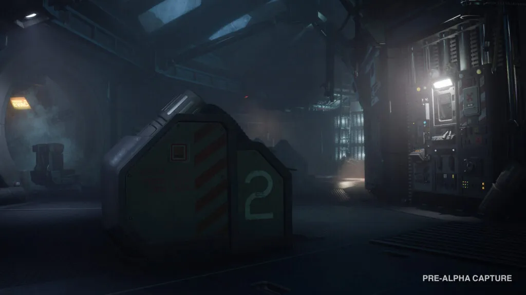 A dark hangar with a large number 2 on the wall, torchlight cutting through fog