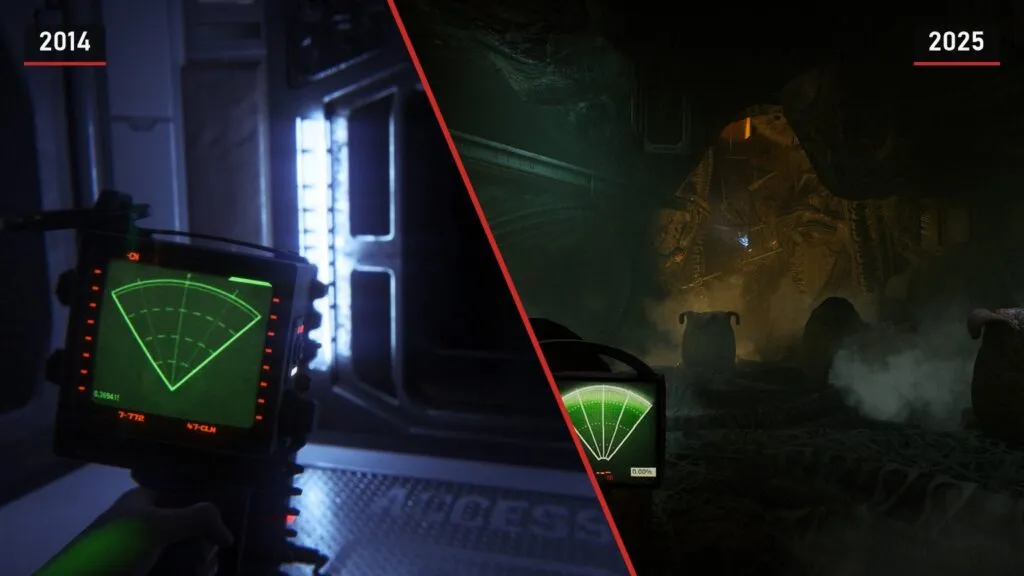 Left, a motion tracker in Amanda Ripley's hand by a station door; right, a green motion tracker in fog among Alien eggs