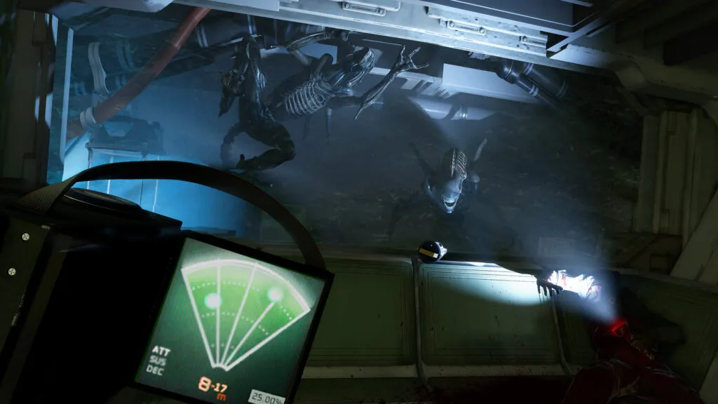 First-person view in VR: a green motion tracker screen, and an Alien ahead in a dark compartment