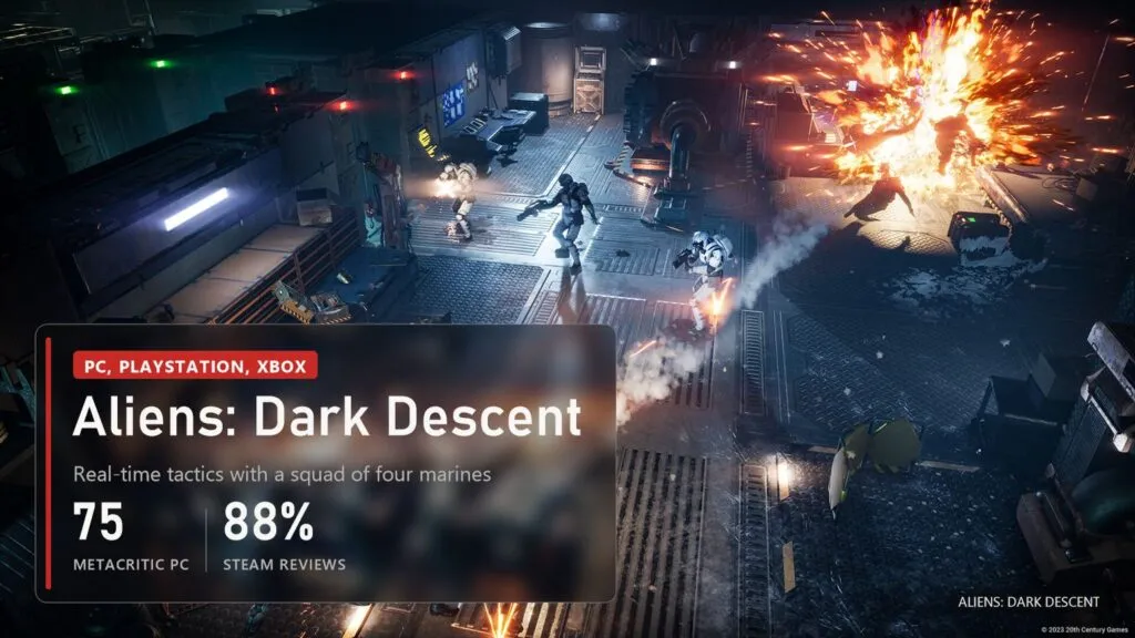 Top-down view of a dark colony hall, a marine squad firing at Aliens among flashes and an explosion