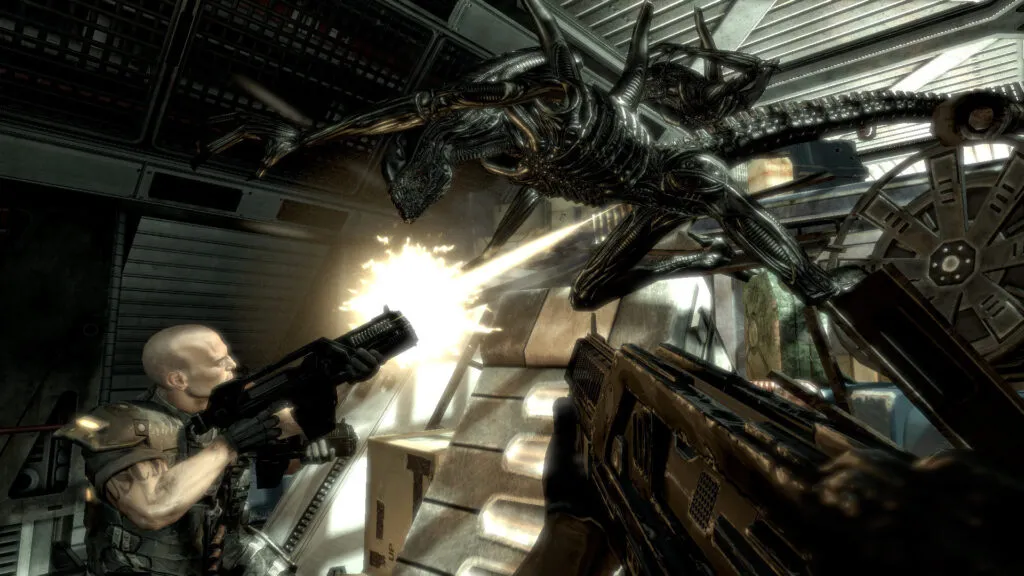 A marine in body armour fires at an Alien leaping down at him from a beam in a wrecked corridor