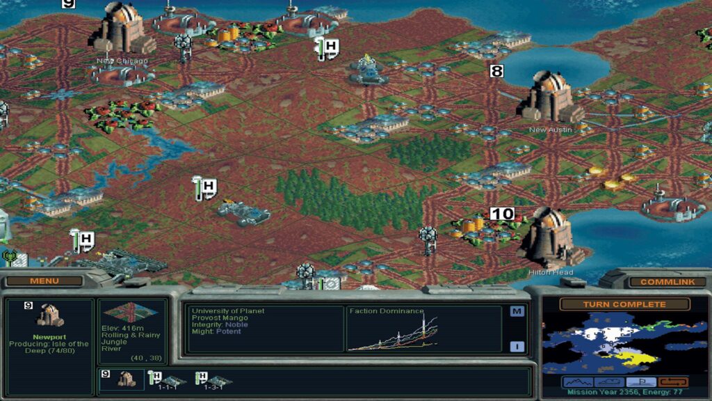 Isometric map of planet Chiron with faction bases and the control panel at the bottom, from Sid Meier's Alpha Centauri