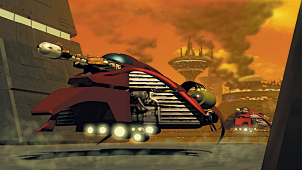 Red armed rover against an orange sky and a base dome, from an Alpha Centauri cutscene