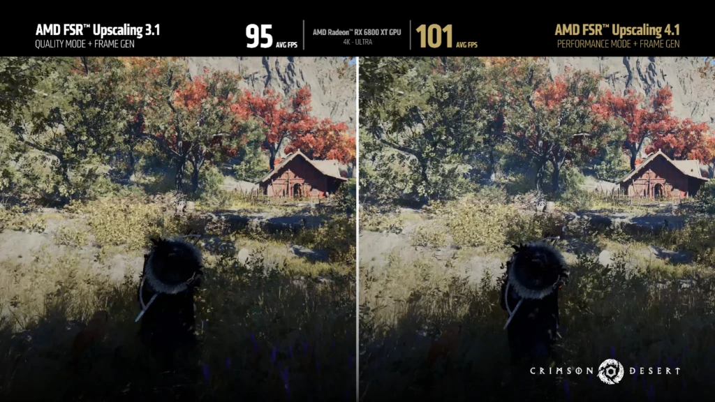 AMD comparison of FSR 3.1 Quality and FSR 4.1 Performance in Crimson Desert on a Radeon RX 6800 XT, 95 and 101 FPS