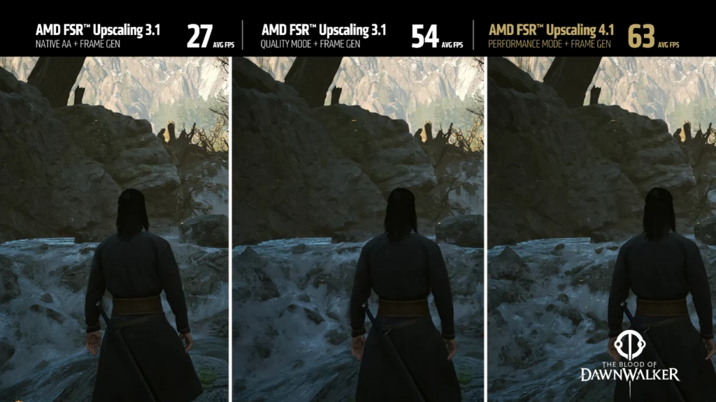 AMD comparison of native resolution, FSR 3.1 and FSR 4.1 on a ROG Xbox Ally X, 27, 54 and 63 FPS