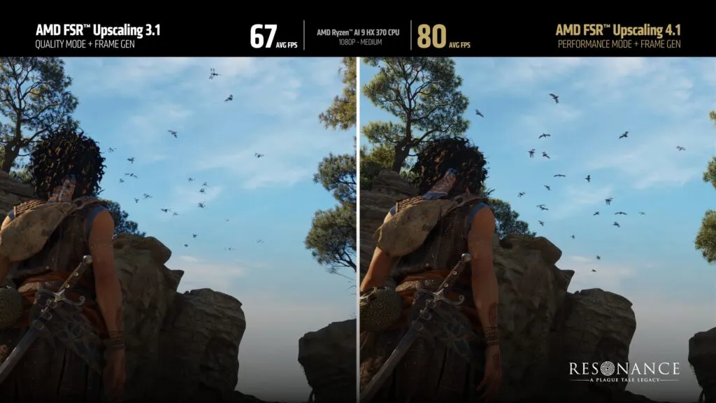 AMD comparison on a Ryzen AI 9 HX 370 laptop: FSR 3.1 Quality at 67 FPS, FSR 4.1 Performance at 80 FPS