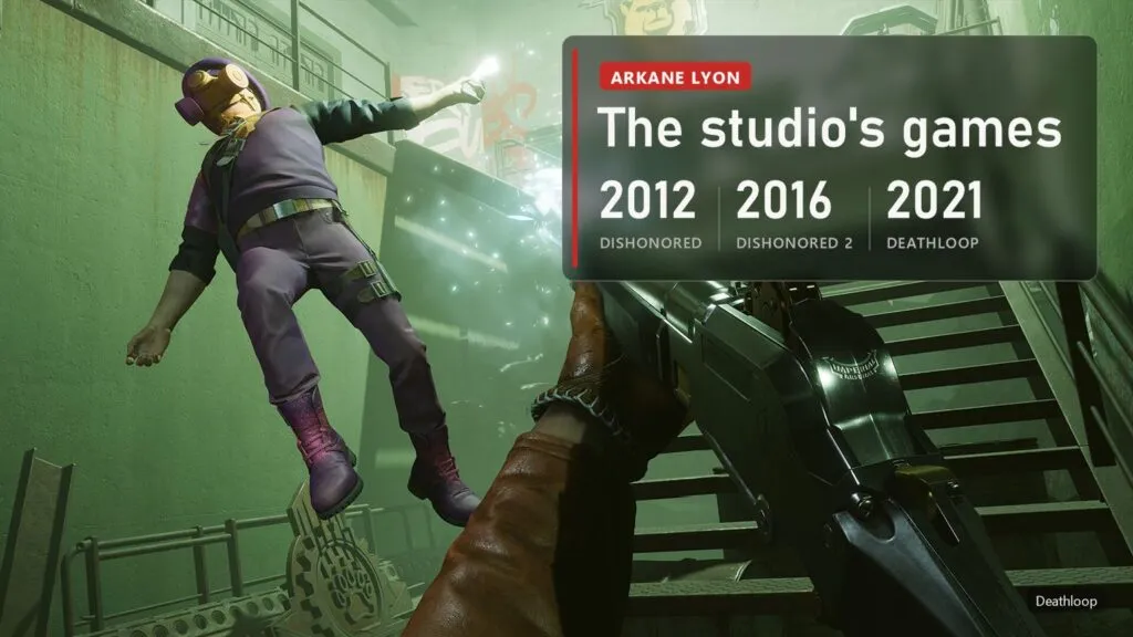 A firefight on a staircase in Deathloop with a plate: Dishonored in 2012, Dishonored 2 in 2016, Deathloop in 2021