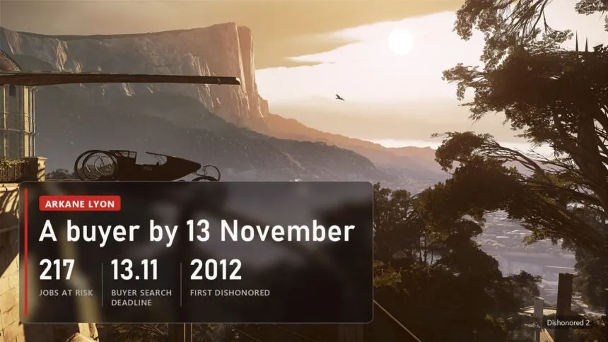 A view of Karnaca in Dishonored 2 with a plate: 217 jobs at Arkane Lyon, a buyer needed by 13 November