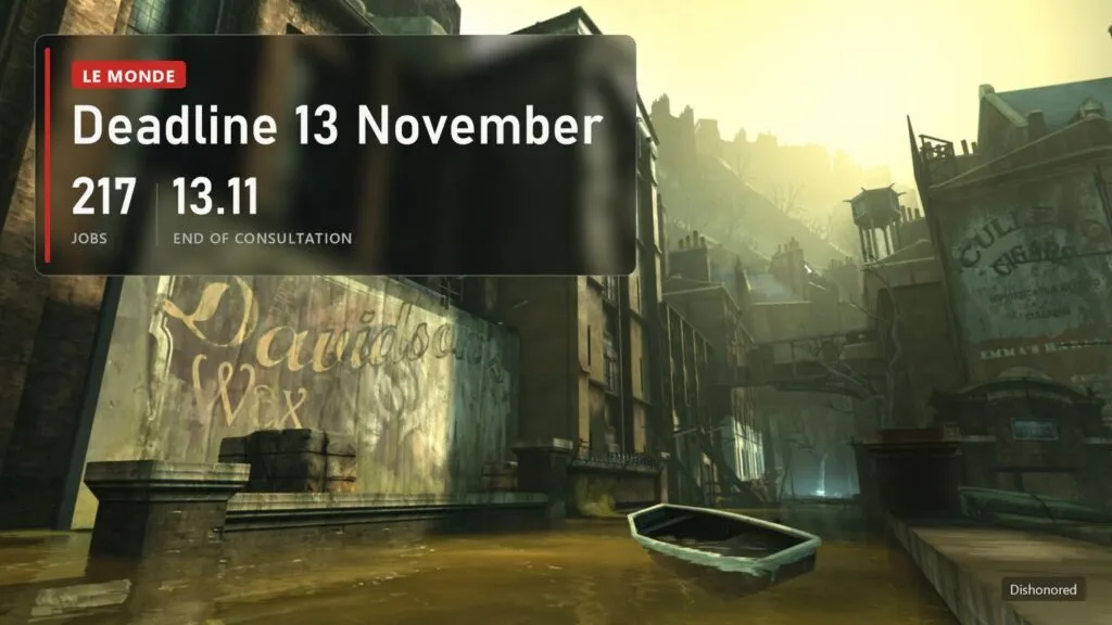 Dunwall streets in Dishonored with a plate: 217 jobs at Arkane Lyon at risk, deadline 13 November