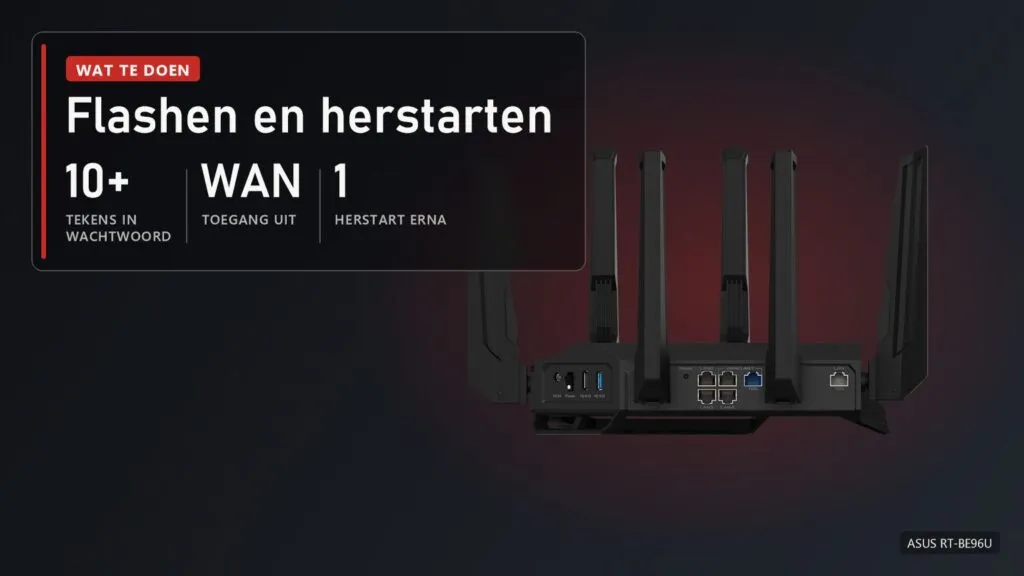 Achterkant van de ASUS RT-BE96U-router met poorten en de melding: firmware bijwerken, toegang via WAN uitzetten, wachtwoord van minstens 10 tekens