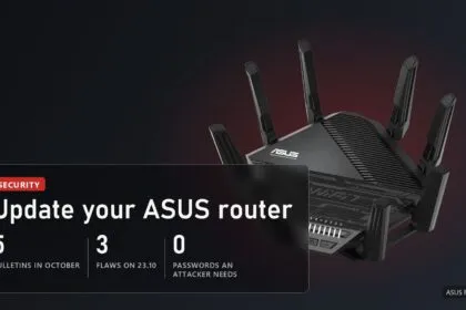 The ASUS RT-BE96U Wi-Fi 7 router with a plate: 5 router security bulletins in October, 3 flaws on 23 October