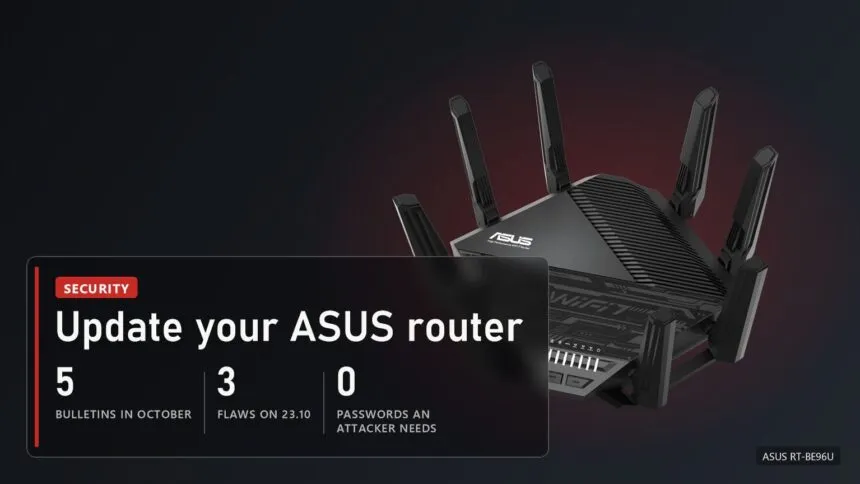The ASUS RT-BE96U Wi-Fi 7 router with a plate: 5 router security bulletins in October, 3 flaws on 23 October
