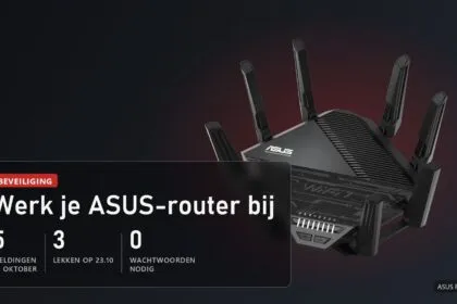 De ASUS RT-BE96U Wi-Fi 7-router met de melding: 5 beveiligingsmeldingen voor routers in oktober, 3 lekken op 23 oktober