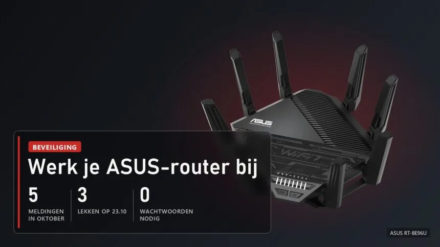 De ASUS RT-BE96U Wi-Fi 7-router met de melding: 5 beveiligingsmeldingen voor routers in oktober, 3 lekken op 23 oktober