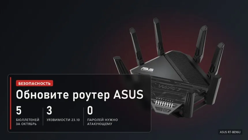 Роутер ASUS RT-BE96U с Wi-Fi 7 и плашка: 5 бюллетеней безопасности по роутерам за октябрь, 3 уязвимости 23 октября