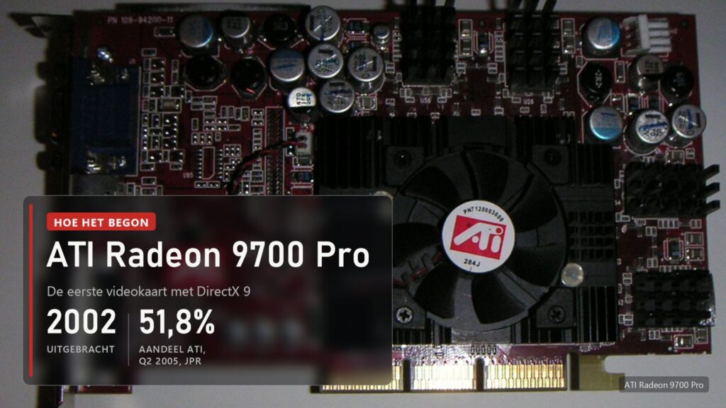 Videokaart ATI Radeon 9700 Pro uit 2002 met een rode printplaat en ATI-logo