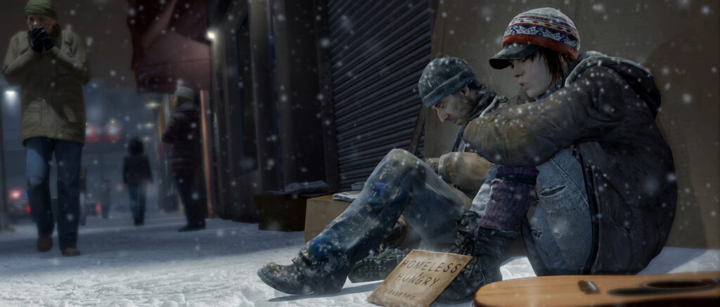 Jodie met muts zit op een besneeuwde stoep tegen een muur, uit Beyond: Two Souls