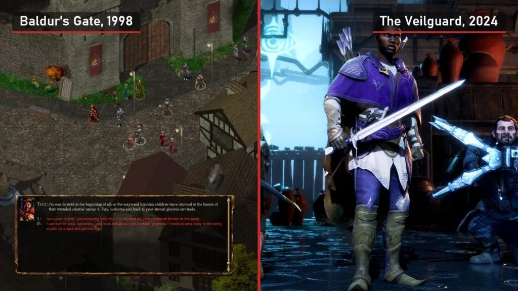 Left, an isometric town in Baldur's Gate from 1998; right, a party of heroes in Dragon Age: The Veilguard from 2024