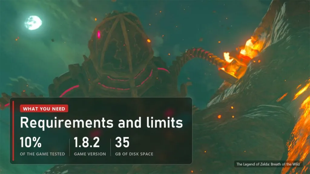 An ancient machine on a volcano slope in The Legend of Zelda: Breath of the Wild with a plate: 10% of the game tested, version 1.8.2 needed, 35 GB
