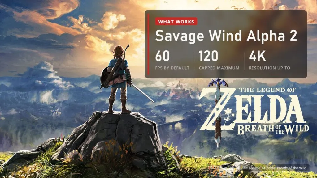 Link on a rock above Hyrule in The Legend of Zelda: Breath of the Wild key art with a plate: 60 FPS by default, up to 120 or unlocked, up to 4K