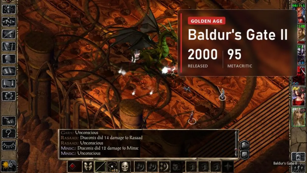 A party in a hall in Baldur's Gate II with a plate: 2000, 95 on Metacritic