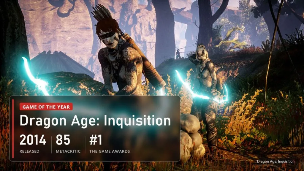 A heroine with a magic whip in Dragon Age: Inquisition with a plate: 2014, 85, Game of the Year at The Game Awards