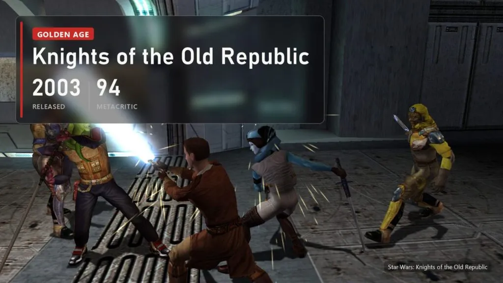 A lightsaber fight in Star Wars: Knights of the Old Republic with a plate: 2003, 94 on Metacritic