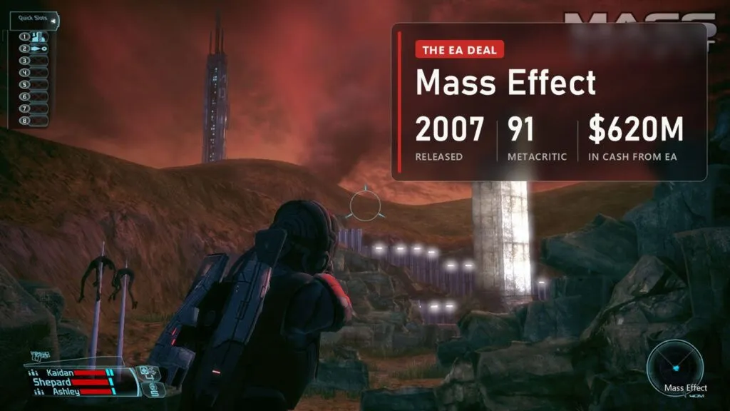 Shepard under a red sky in the 2007 Mass Effect with a plate: 2007, 91 on Metacritic, $620 million from EA
