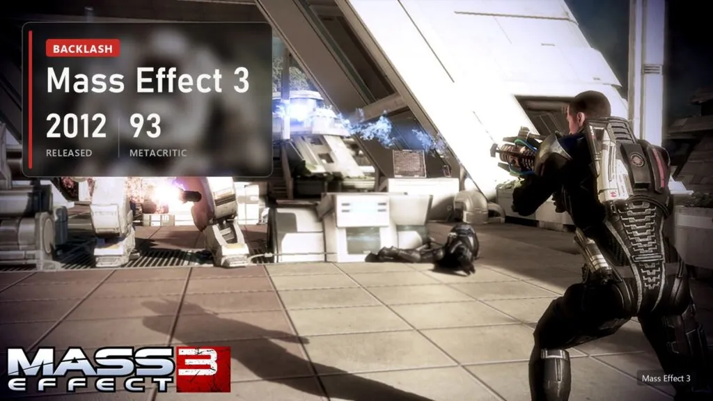 Shepard facing a mech in Mass Effect 3 with a plate: 2012, 93, the founders left in 2012