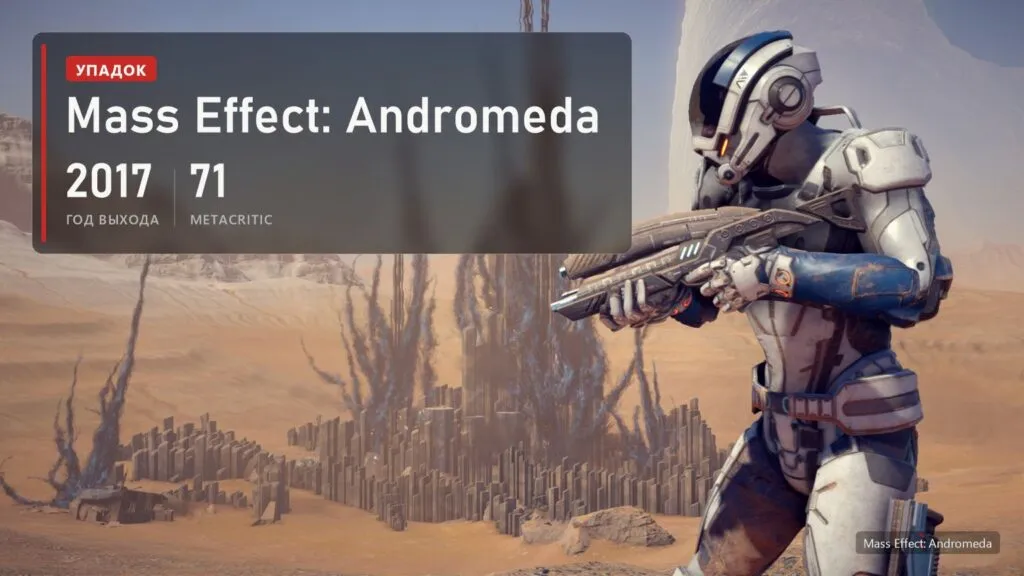 Райдер в броне на пустынной планете в Mass Effect: Andromeda и плашка: 2017 год, 71 балл на Metacritic