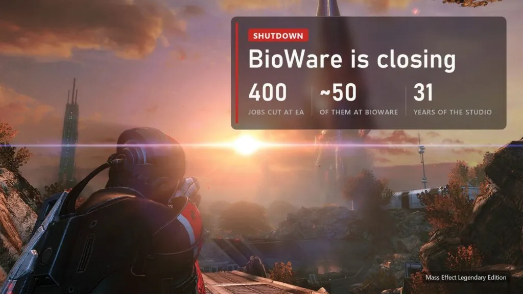 The Citadel at sunset in Mass Effect Legendary Edition with a plate about the BioWare closure: 400 jobs at EA, about 50 at BioWare, 31 years