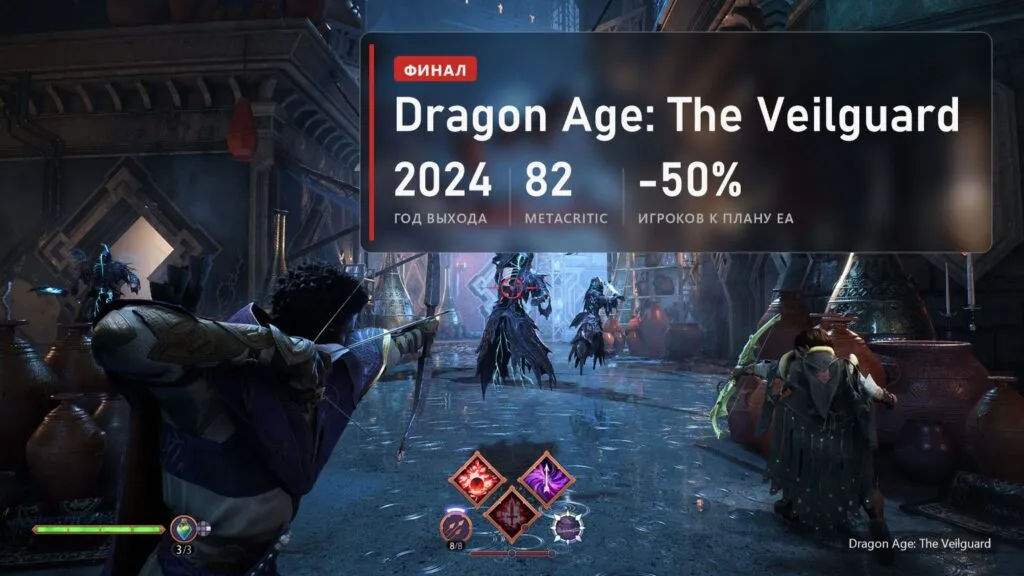 Бой на улице в Dragon Age: The Veilguard и плашка: 2024 год, 82 балла, на 50% меньше игроков, чем ждала EA