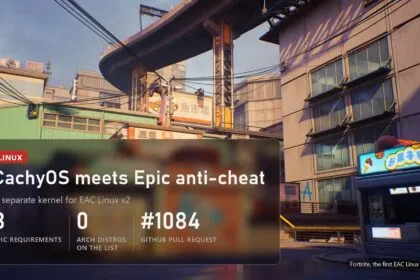 Street in Fortnite with a CachyOS and Epic anti-cheat panel: eight Epic requirements, zero Arch distros on the list, GitHub pull request 1084