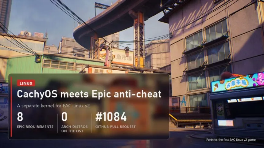 Street in Fortnite with a CachyOS and Epic anti-cheat panel: eight Epic requirements, zero Arch distros on the list, GitHub pull request 1084