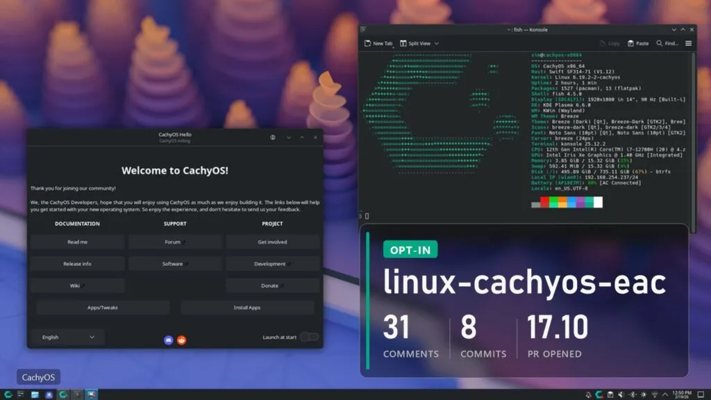 CachyOS desktop with the welcome window and a panel: 31 comments, 8 commits, pull request opened October 17