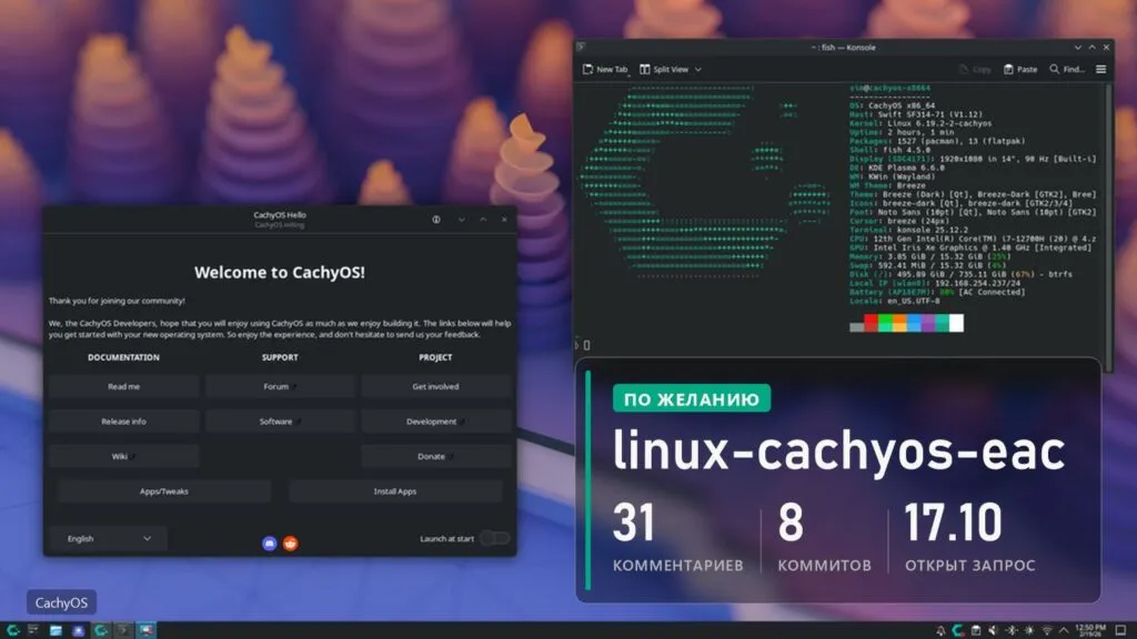 Рабочий стол CachyOS с окном приветствия и плашка: 31 комментарий, 8 коммитов, запрос открыт 17 октября