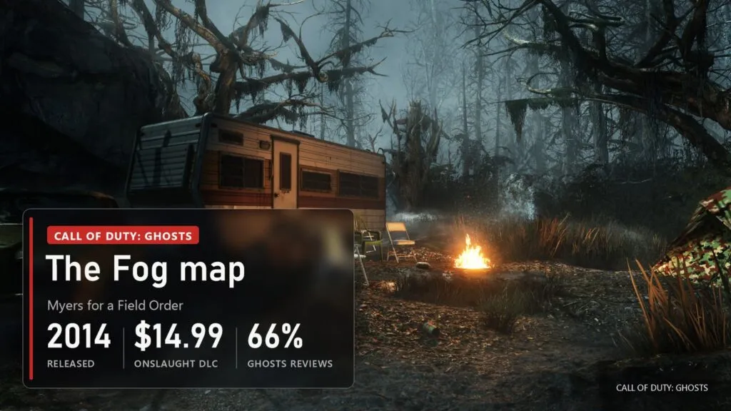 A night camp in a swampy forest with an old trailer, a car, folding chairs and a campfire in the fog