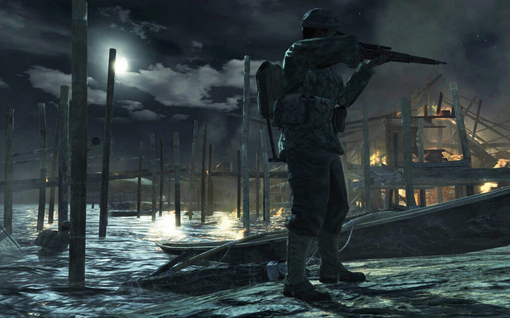 Mariniers vechten 's nachts bij een brandend paalwoningendorp in Call of Duty: World at War