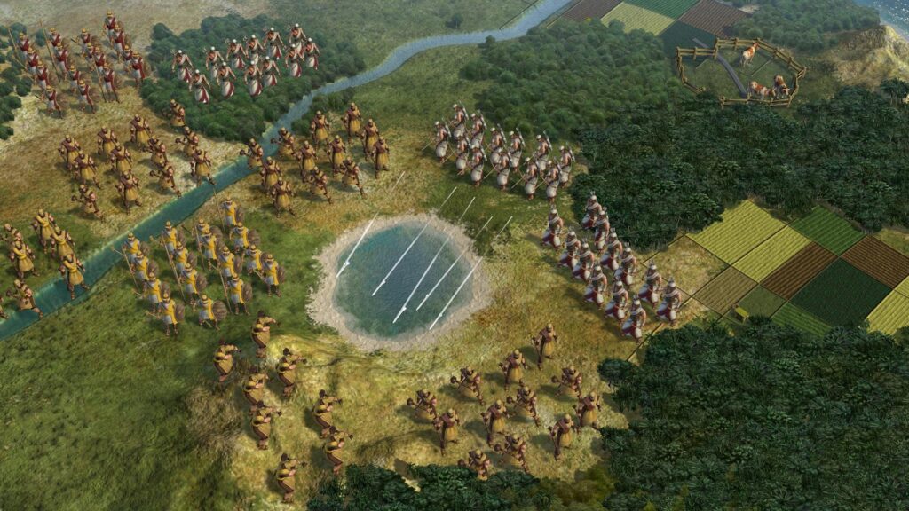 Two armies meet at a river on the hex map of Civilization V