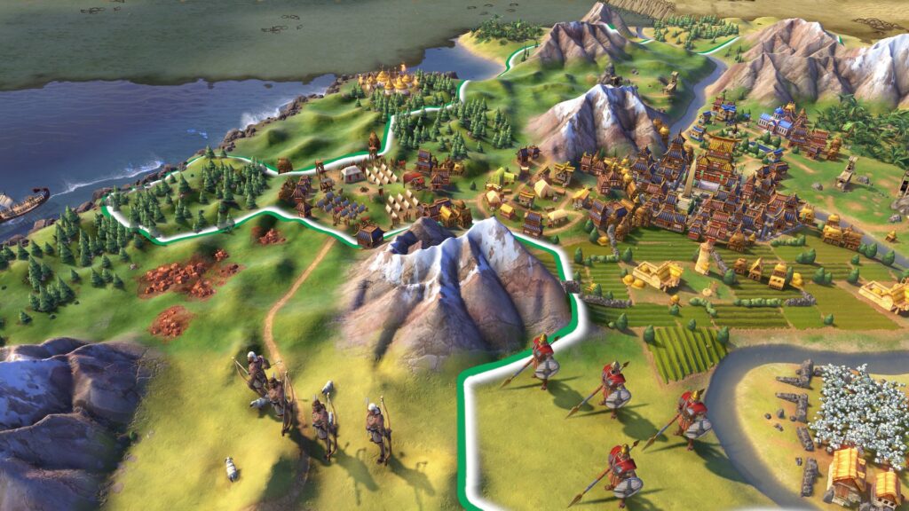 A city with farms and districts among mountains and rivers on the Civilization VI map