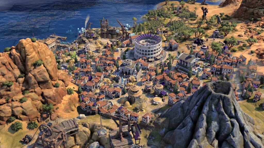 A coastal city with an amphitheatre next to a volcano, from Civilization VII