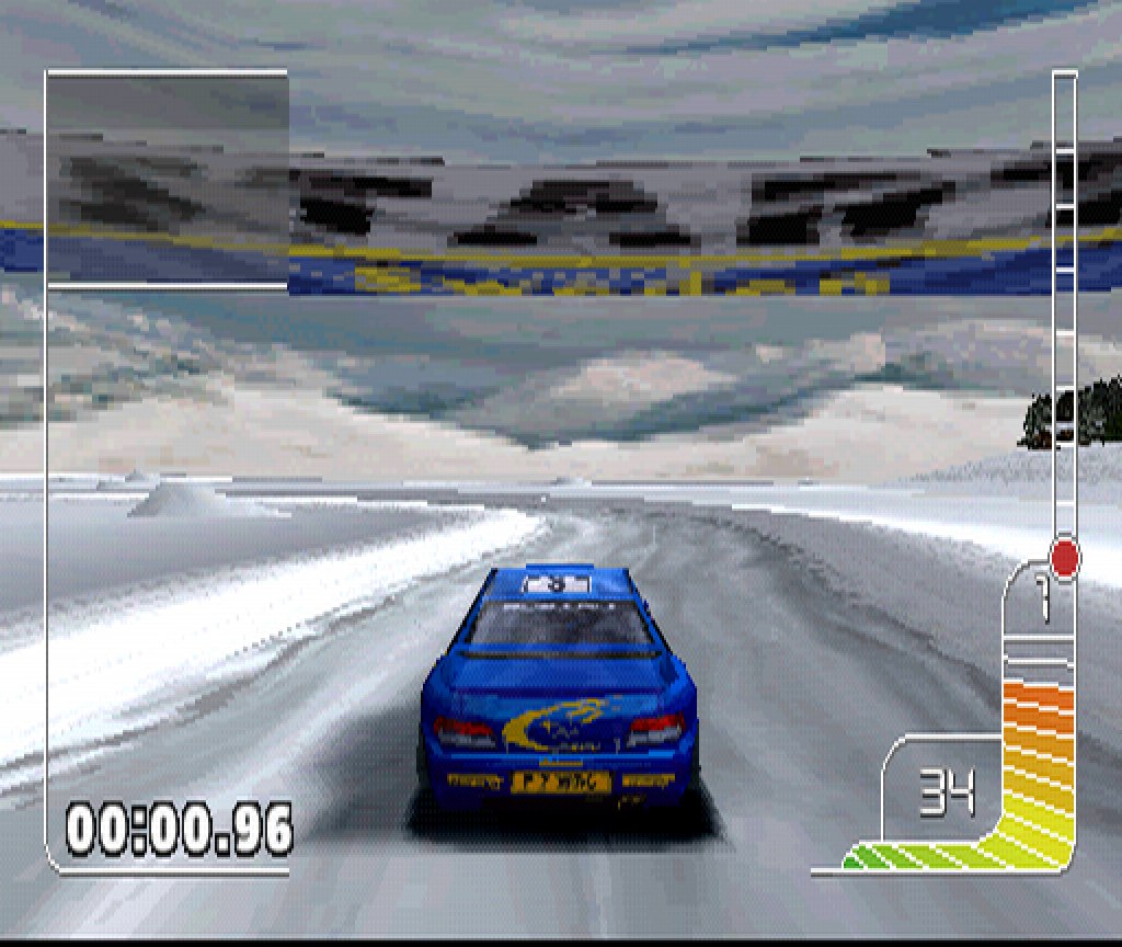 A Subaru Impreza on a slippery road on the Swedish rally between snowy pines, rival times listed on the left